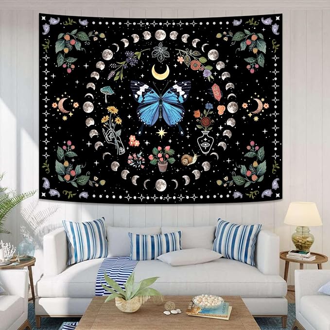 Aipon Blue Butterfly Moon Flower Tapestry Botanical Boho Plant Floral Wall Hanging for Bedroom and Living Room (36.00'' 48.00'', Blue)