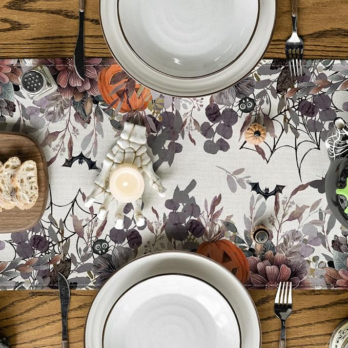 Artoid Mode Jack-O'-Lantern Pumpkin Floral Ghost Halloween Table Runner, Eucalyptus Kitchen Dining Table Decoration for Home Party Decor 13x48 Inch
