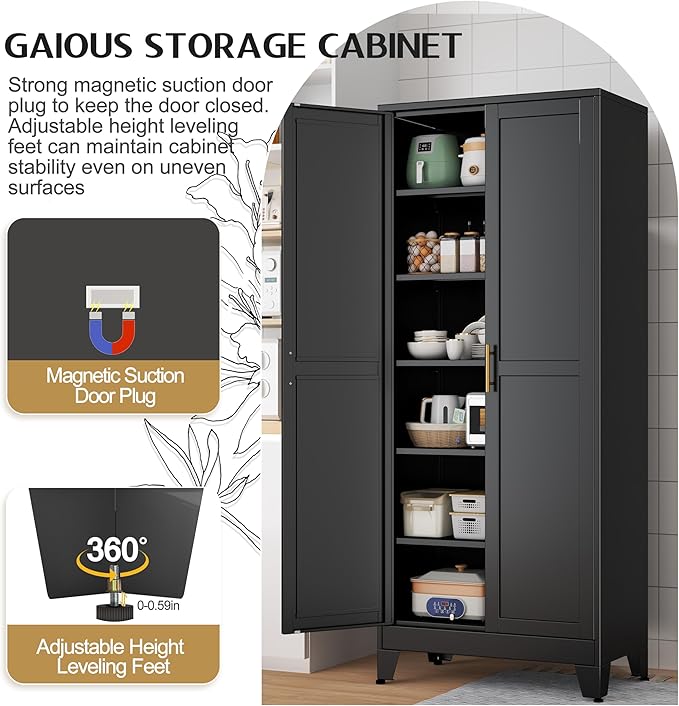 75.2" Tall Storage Cabinet, Pantry Storage Cabinets with 2 Door and 5 Adjustable Shelves, Black Kitchen Food Cabinet, Metal Utility Cabinets for Kitchen, Dinning Room, Laundry Room