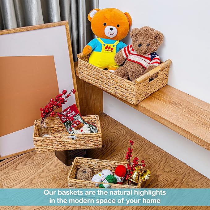 VATIMA Large Water Hyacinth Storage Baskets for Organizing with Wooden Handles for Shelves, 2 Bathroom Small Basket, Water Hyacinth Toilet Paper Baskets, Set of Natural Wicker Storage Basket for Home