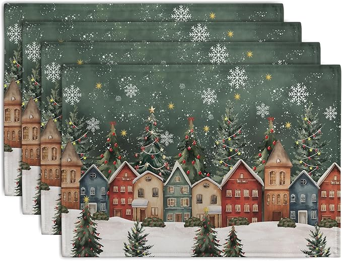 Christmas Placemats 12x18 Inch Set of 4, Winter Xmas Tree Wonderland Forest Village Town House Snowflake Linen Table Mats Washable Place Mats for Party Kitchen Dining Outdoor Indoor Decor