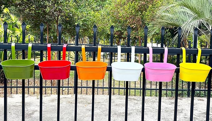6 Pcs Railing Planter, 10" Metal Hanging Flower Pots for Outdoor Balcony Rails, Fence Pot Hanging Plant Holders with Detachable Hooks for Garden Patio Yard Decor (Multi-Color, 6Pcs)