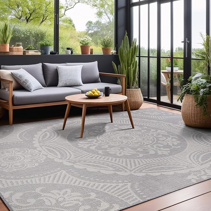 Medallion Outdoor Rug 10x14 Washable Outside Carpet for Indoor Patio Porch Waterproof Easy Cleaning Non Shedding Area Rugs Gray 10 x 14