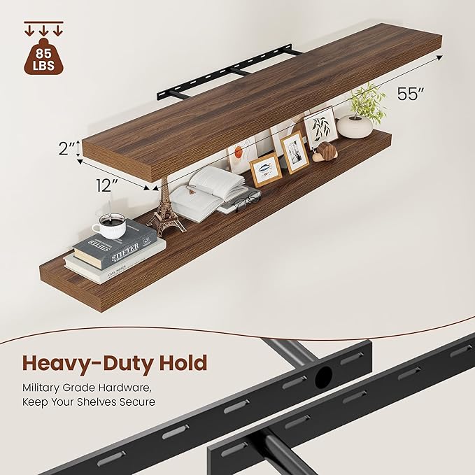 Wide Floating Shelves for Wall 12 Inch Deep, 55" X 12" X 2" Floating Shelf, 2 Inch Thick Shelf for Bathroom Bedroom Kitchen Book Room, Heavy Duty 85lbs Shelves for Farmhouse Decor Set of 2, Walnut