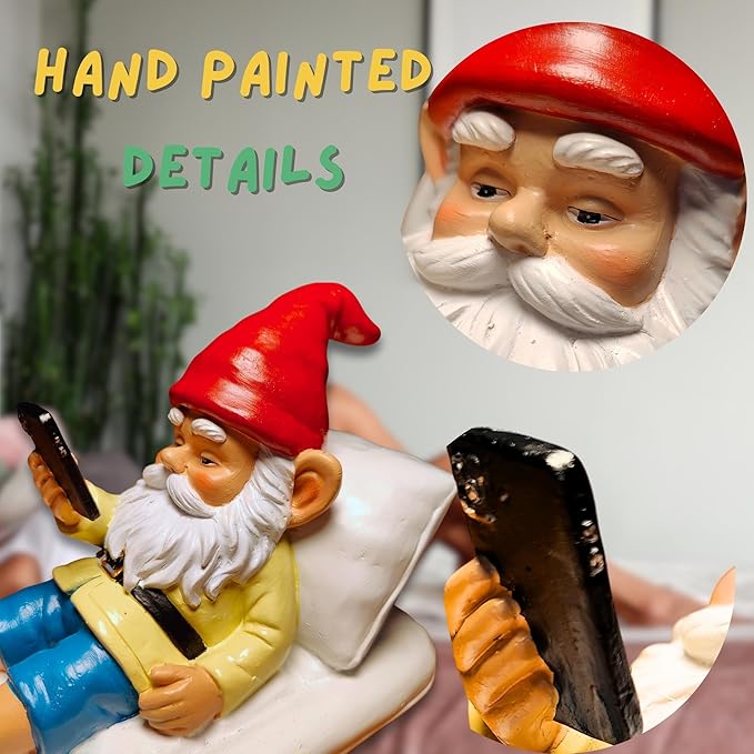 Relaxing Pool Gnome with Smartphone - 5.6" Heavy Resin Garden Statue - Weather-Resistant Funny Lawn Ornament - Summer Patio Decor - Unique Housewarming Gift