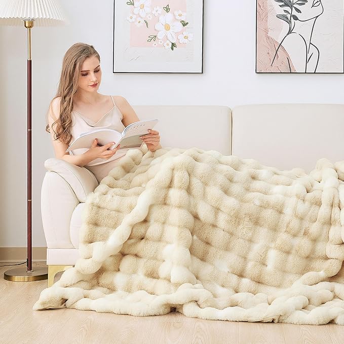 Tie-dye Camel Faux Fur Rabbit Thick Throw Blanket for Couch Living Room 50x60 Fluffy Bed Furry Comforter Soft Blanket Best Housewarming Home Gifts 860 GSM