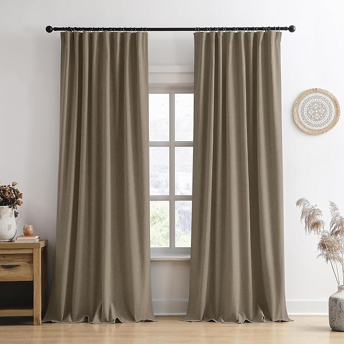 RAIN CITY Linen Brown Blackout Curtains 144 Inch Long 12ft Pleated Look Hidden Tab Drapes with Hooks 2 Story Linen Blend Sound Reducing Wall Tall Curtains for High Ceiling Long Window W50xL144