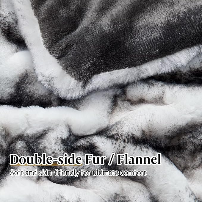 Luxury Faux Fur Blanket - Soft Warm Plush Blankets for Couch Sofa Bed, Fluffy Thick Throws for Bedroom, Office, Living Room, Decorative Reversible, Not Easy to shed- 70"x90", Black/White