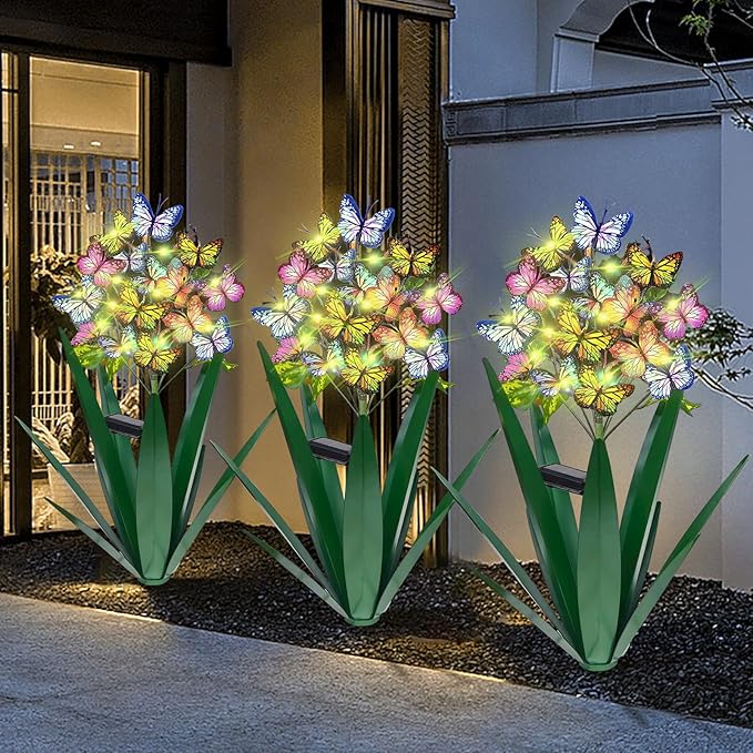 Homight Solar Metal Agave Butterfly Flower Stick Garden Sculpture - Outdoor Christmas Lights With Swaying Butterfly Sunflower - Solar Outdoor Gift (3 PCS Green)