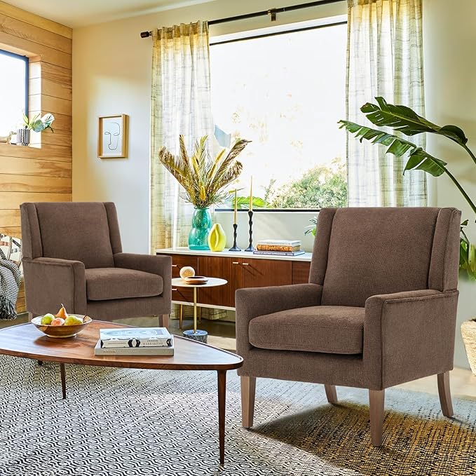 COLAMY Modern Wingback Living Room Chair Set of 2, Upholstered Fabric Accent Armchair, Single Sofa Chair with Lounge Seat and Wood Legs for Bedroom/Office/Reading Spaces, Brown