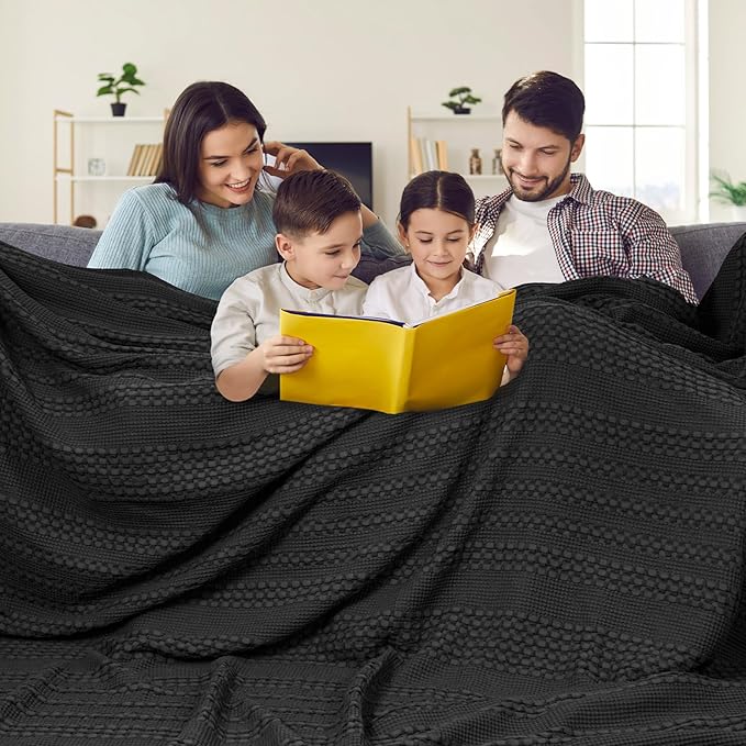 PHF 100% Cotton Waffle Weave Blanket Oversized King for Bed 120"x120"- Giant Big Lightweight Blanket 10'x10' for Bed Sofa - Aesthetic Extra Large Washed Cotton Soft Blanket - Black