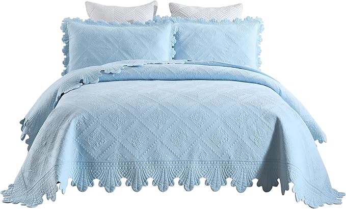 MarCielo 3-Piece 100% Cotton Oversized Bedspread Lightweight Quilt Coverlet Embroidery Farmhouse Bedding Set (TK Light Blue, Oversized King (118"x106"))
