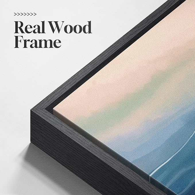 Large Framed Blue Abstract Landscape Wall Art for Living Room, 3 Piece Bright Pastel Canvas Prints Paintings, Modern Minimalist Artwork Watercolor Pictures for Bedroom, Hallway Wall Decor 24x36 In