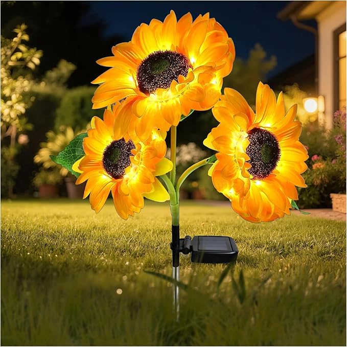 Outdoor Solar Garden Stake Lights,Upgraded LED Solar Powered Light with 3 Sunflower, Waterproof Solar Decorative Lights for Garden, Patio, Backyard (1 Pack 3 Flower)