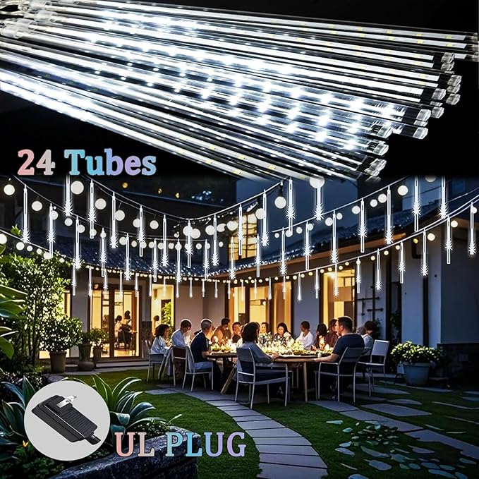 Meteor Shower Lights Christmas Lights Outdoor 24-Tube 576LEDs Snow Falling Rain Cascading Icicle Lights for Xmas Tree Christmas Decorations Wedding Party Holiday Garden Decor, UL Plug White