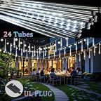 Meteor Shower Lights Christmas Lights Outdoor 24-Tube 576LEDs Snow Falling Rain Cascading Icicle Lights for Xmas Tree Christmas Decorations Wedding Party Holiday Garden Decor, UL Plug White