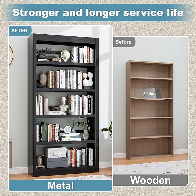 Bookcase, 5-Shelf Industrial Bookshelf, Large Storage Space, Adjustable Bookshelves, Perfect for Living Room, Home Office, Garage, Ideal for Home Office Upgrade