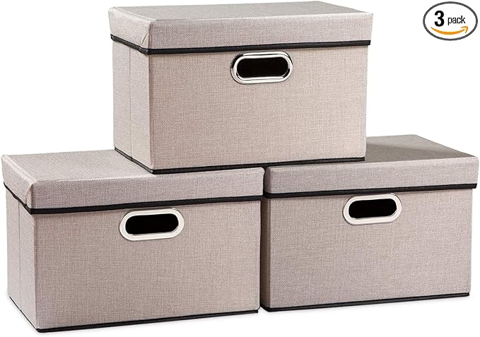 PRANDOM Foldable Storage Bin with Lid [3-Pack] Linen Fabric Decorative Storage Box Organizer Container Basket Cube with Handles Divider for Closet Office Living Room Light Grey(14.9x9.8x9.8)
