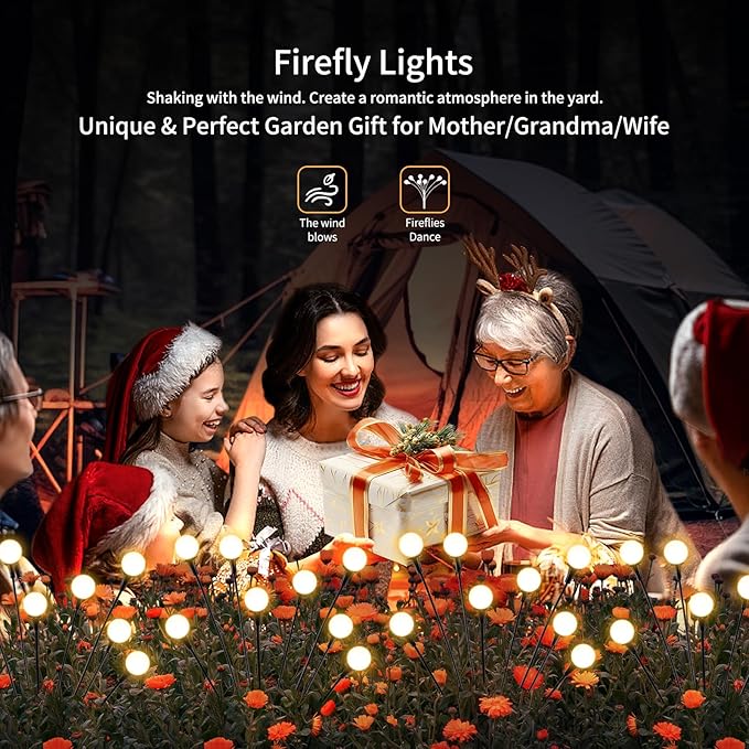 Solar Lights Outdoor Waterproof, 2 Packs 16LED, Solar Garden, Patio, Garden Decor, Patio Decor, Firefly Outdoor, Unique Gifts for Women, Gifts for Grandma