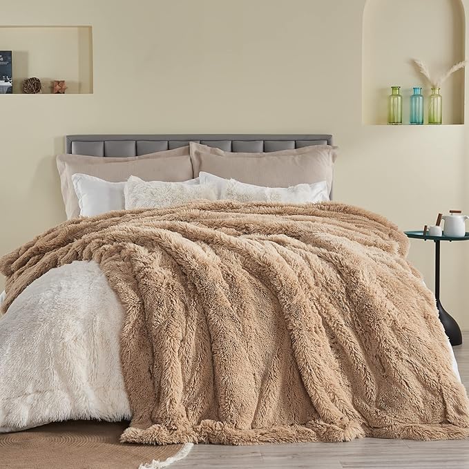 GONAAP Fuzzy Faux Fur Throw Blanket Queen Size Brown Super Soft Cozy Plush Fuzzy Shaggy Blanket for Couch Sofa Bed (Brown, Queen(90"x90"))