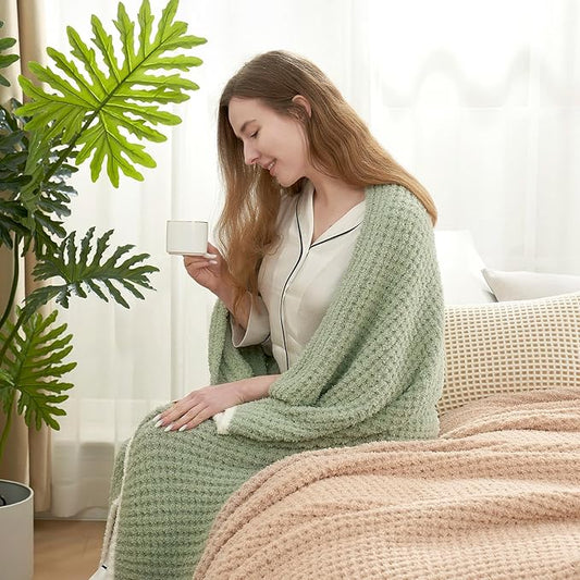 Snuggle Sac Sage Green Waffle Throw Blanket for Couch Bed Sofa 60x80 inches, Reversible Sage Green Blanket Microfiber Fluffy Fuzzy Cozy Knit Twin Blanket for Women Mothers Birthday Gifts