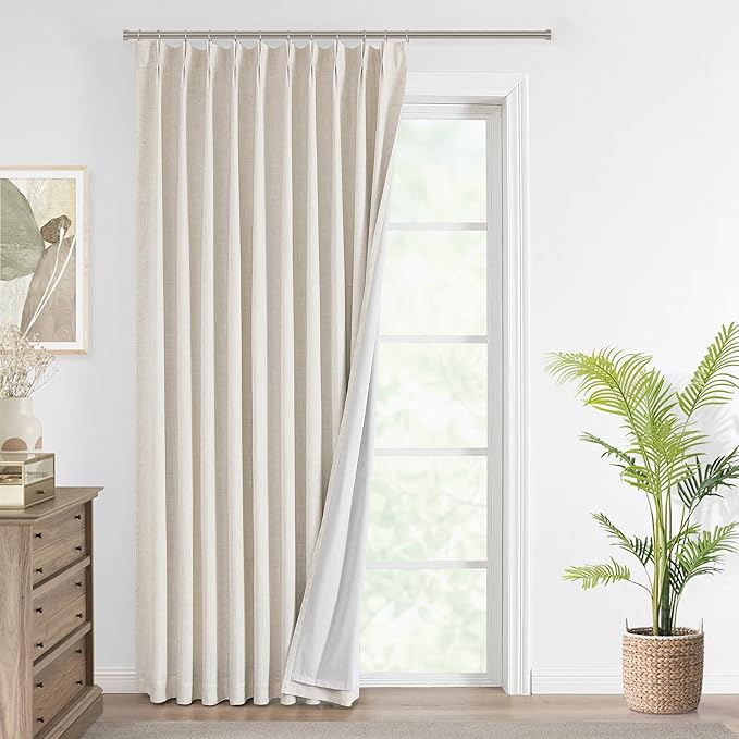 Vision Home Natural Pinch Pleated Full Blackout Curtains Linen Blended Room Darkening Window Curtains 90 inch for Living Room Bedroom Thermal Insulated Pinch Pleat Drapes with Hooks 1 Panel 60"Wx90"L