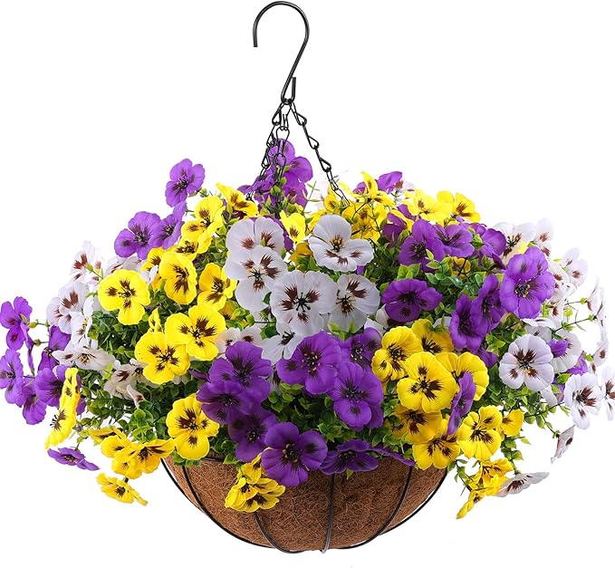 Artificial Fake Pansy Flowers for Outdoor, 36 Bundles Faux Silk Pansies Spring Flowers for Outside for Planter Front Door Porch Yard Patio Window Box Home Decor (36, Purple, Yellow, White)