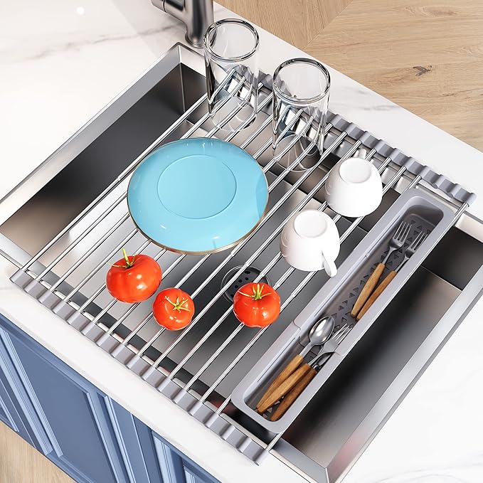 Over The Sink Dish Drying Rack for Kitchen, Expandable (12.8"-23.8" D x 15.5" W) Roll Up Dish Drainer with The Function of Fordable, Rust Proof, Large Sink Cover with Removable Utensil Holder