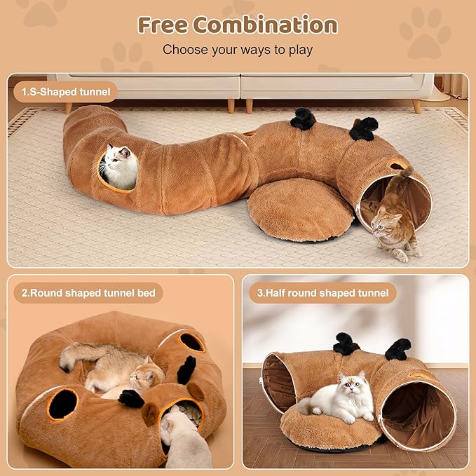 Odoland Reindeer Cat Tunnels Bed with 20 Kitten Toys for Indoor Cats, Plush Cats Couch Tunnel Bed - Kittens Cave Donut Tunnel - Detachable Soft Cat Bed and Variety Kitty Toy Set