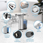 Automatic Soap Dispenser, Touchless Dish Soap Dispenser 17oz/500ml with Upgraded Infrared Sensor, 5 Adjustable Soap Dispensing Levels, Liquid Hand Dispenser for Bathroom (Silver Set)
