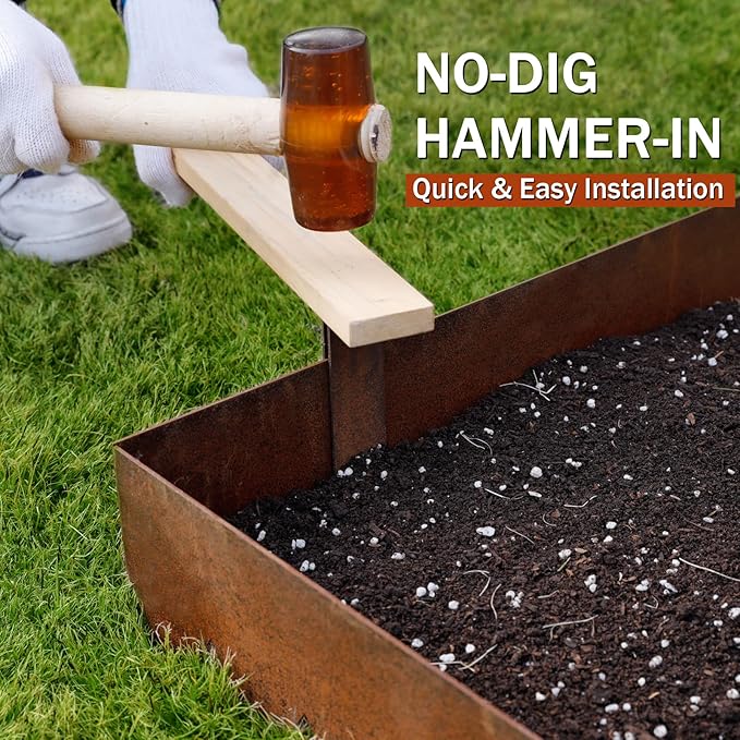 Worth Garden 6 Pack Pre-Rusted Cor-Ten Steel Landscape Edging - 40" L x 5.5" H Each (20ft Total) - No-Dig Hammer-in Heavy Duty 14-Gauge Metal Border w/ 7 Clips & Gloves - Edge for Lawn Yard