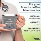 DISCOUNT PROMOS Custom Ceramic Campfire Coffee Mugs 13 oz. Set of 50, Personalized Bulk Pack - Perfect for Tea, Espresso, Cappuccino, Hot Cocoa - Grey