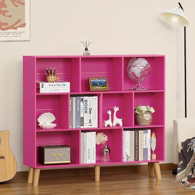 LEYAOYAO 10 Cube Bookshelf,3 Tier Modern Wide Bookcase with Legs,Mid-Century Wood Bookshelves Storage，Pink Large Book Case,Freestanding Organizer Display Shelf for Bedroom,Living Room,Office