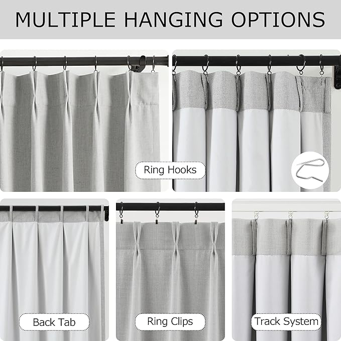 Vision Home Light Gray Pinch Pleated Full Blackout Curtains Linen Blended Thermal Insulated Window Panels 108 inch for Bedroom Living Room Darkening Grey Pleat Drapes with Hooks Back Tab 60"Wx108"Lx1