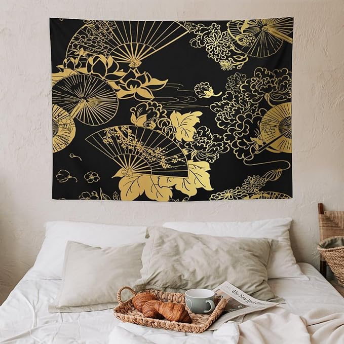 HZOHNAGO Japanese Tapestry Gold Flowers Umbrella Fan Pattern Printed Wall Tapestry Painting Wall Hanging for Bedroom Living Room Dorm 40" W x 30" H