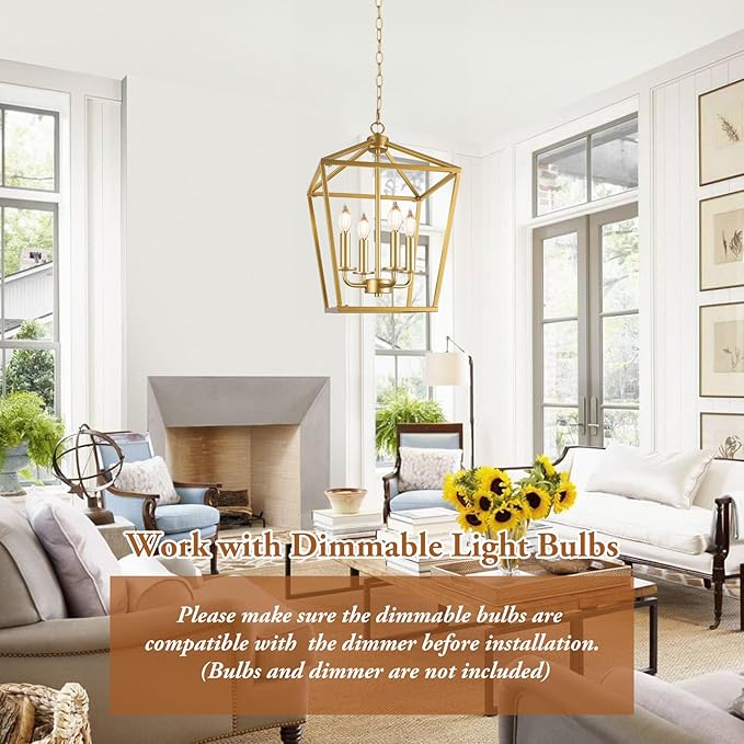 Farmhouse Chandelier 4-Light, Gold Pendant Light Fixture for Kitchen Island Dining Room, Lantern Industrial Lighting Ceiling Hanging with Metal Cage Adjustable Height for Entryway Foyer