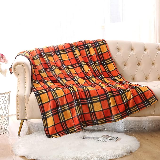 MERRYLIFE Throw Blanket for Couch Orange Plaid Chair Throw Blanket| Soft Decorative Ultra-Plush Colorful| Throw Size Travel Blanket Plush|(50" 60", Harvest Plaid)
