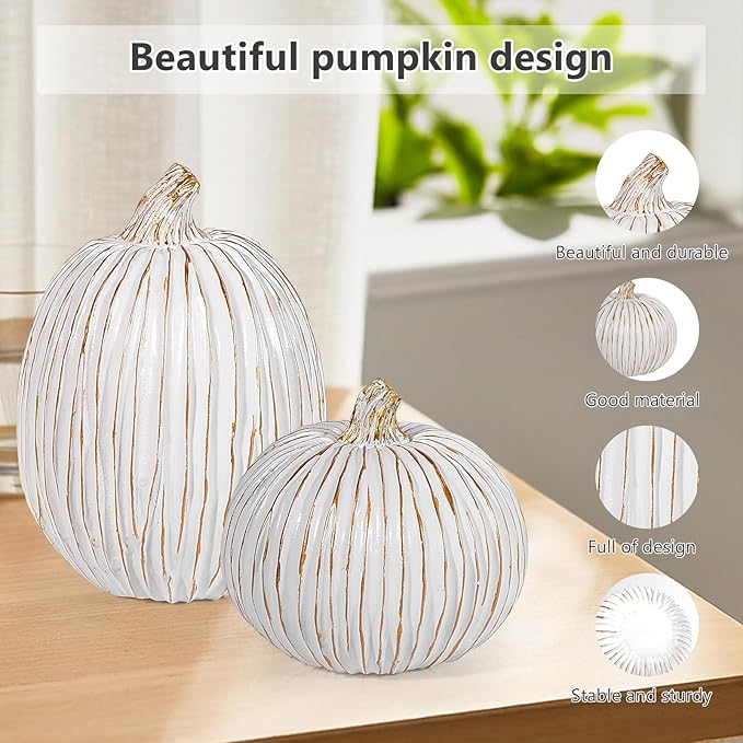 2Pcs Halloween Pumpkin Artificial Resin Pumpkins Decor for Mantel Harvest Autumn Tabletop Decoration Gold Fall Pumpkin Decorations Thanksgiving Table Centerpieces (Set B, ONE Size)