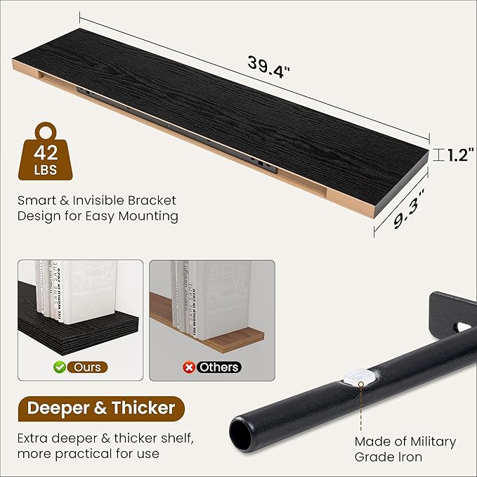 Fun Memories 40" Rustic Wood Floating Shelves with Invisible Brackets for Storage & Decor, Deep Wall Mounted Shelves for Bathroom, Kitchen, Living Room (Black, Set of 2)