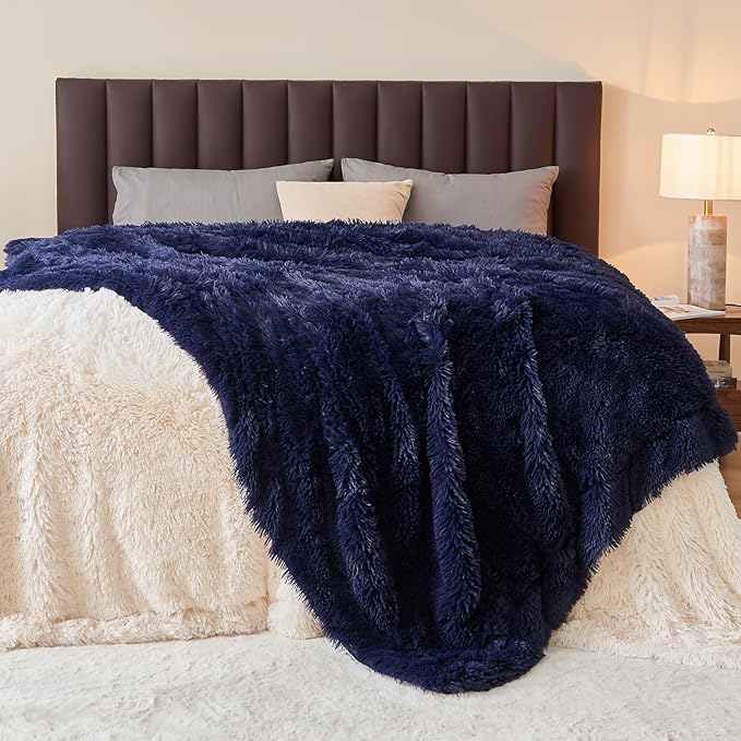 GONAAP Fuzzy Faux Fur Throw Blanket Twin Size Dark Navy Super Soft Cozy Plush Fuzzy Shaggy Blanket for Couch Sofa Bed (Dark Navy, Twin(60"x80"))