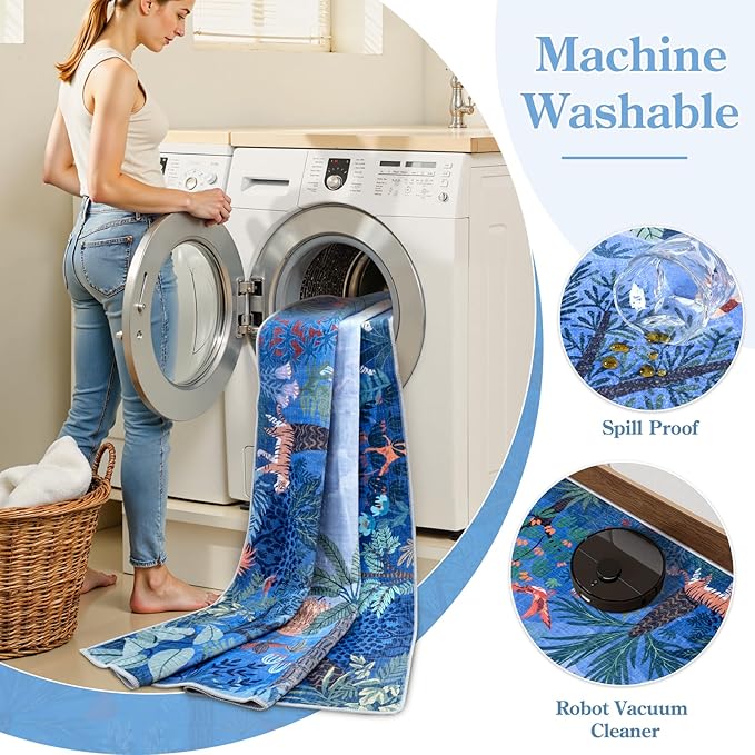 LIVEBOX Washable Jungle Animal Print 5x7 Blue Rug for Living Room, Non-Slip Kids Bedroom Rugs for Boy Playroom Kid Baby Room, Soft Stain Resistant Blue and Green Rug for Nursery Boy Dining