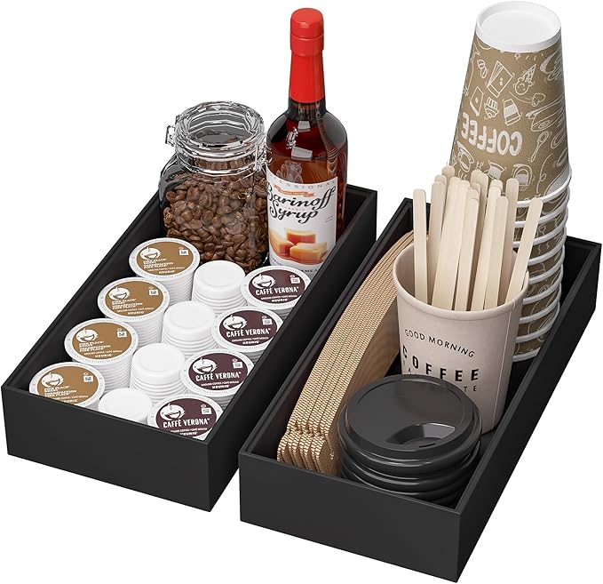 Kitchen Drawer Organizer Bins, Stackable Bamboo Drawer Organizer for Silverware, Coffee Pod Organizer K Cup Holder for Countertop, 2 Pcs Coffee Station Organizer Black 12" x 6" x 2.5"