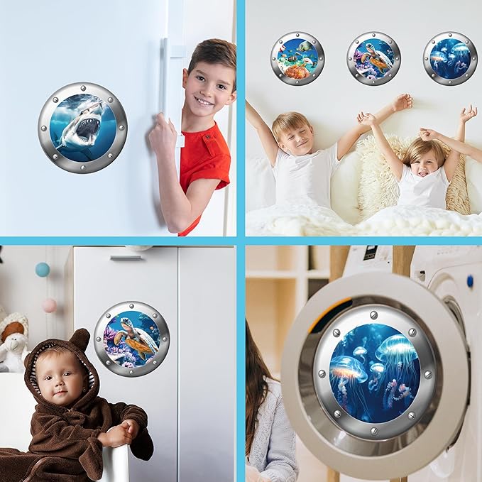 3D Ocean Animals World Wall Stickers Glow in The Dark, 4 Pcs Sharks Turtles Jellyfishs Removable Decals for Kids, Vinyl Stickers for Ceiling (Blue)