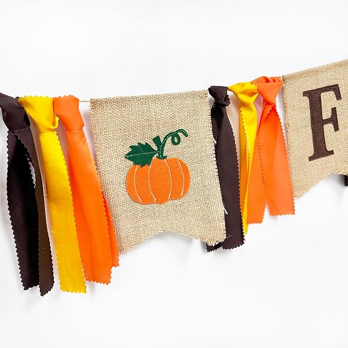Happy Fall Pumpkin Burlap Pennant Banner Flag Felt Happy Fall Sign and Pumpkin Pattern with Fall Color Ribbon for Fall Autumn Harvest Thanksgiving Day Birthday Baby Shower Party Decorations Supplies