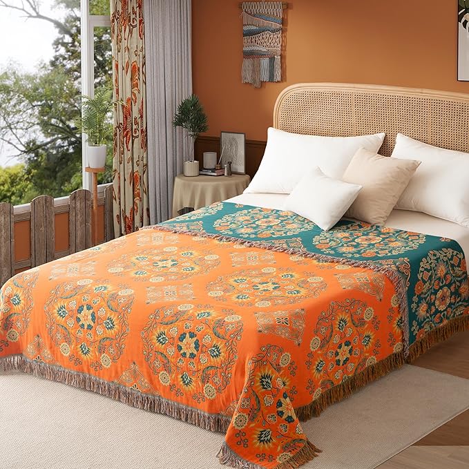 Boho Throw Blanket Twin Size, Soft Cozy Cotton Muslin Quilt Blanket for Bed Decor, Floral Patterned Couch Sofa Chair Cover, Vintage Farmhouse Cottage Tapestry Woven Blanket, Orange&Green