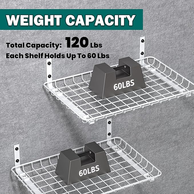 EVERHANGER Garage Wall Shelves 12x18 Inch, Wall Mounted Storage Shelf, Metal Shelf Rack, Heavy-Duty Shelf Organizer 2 Pack, White
