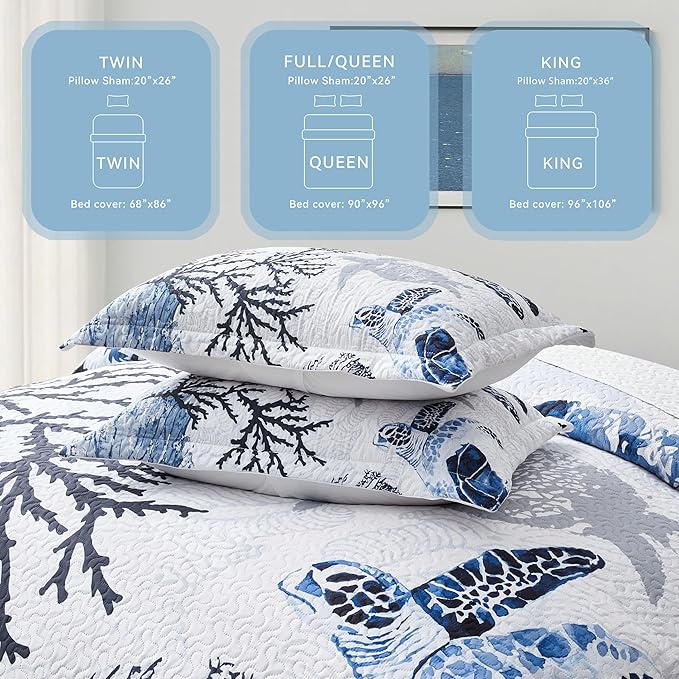Coastal Bedding Twin Size Coastal Quilt with Shams, Nautical Beach Comforter Sets Ocean Bedspreads Blue Seaturtle Coverlet Summer Bedding, 68''x86''