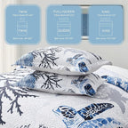 Coastal Bedding King Size Coastal Quilt with 2 Shams, Nautical Beach Comforter Sets Ocean Bedspreads Blue Seaturtle Coverlet Summer Bedding, 96''x106''