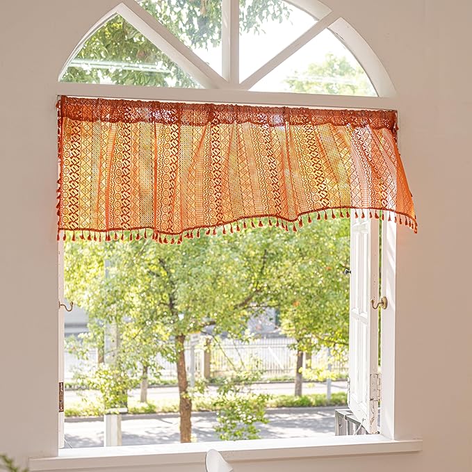 Sutuo Home Terracotta Boho Curtains Crochet Sheer Bohemian Hollow Knitted with Tassels, Valance Short Tier Privacy Vintage Rustic Farmhouse Drapes for Kitchen, Rod Pocket 1 Panel 59" W x 24" L, Orange
