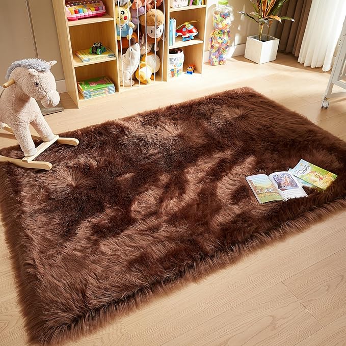 AMTOVO Faux Fur Sheepskin Rug for Living Room, 4 x 6 ft Coffee Fluffy Area Rug for Bedroom, Playroom, Luxury Room Decor, Rectangle